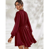 Women's Fox Georgette Solid High Neck Full Sleeve Dress (Maroon)